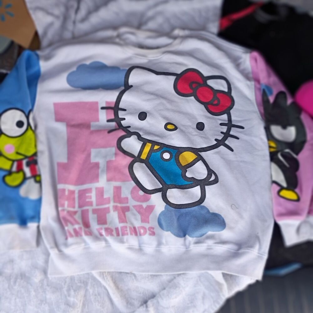 Sanrio Women's White Hello Kitty Logo Graphic Crewneck Fleece Pullover L